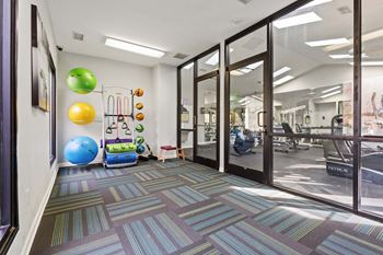 A room with a blue exercise ball and a green exercise ball on the floor.